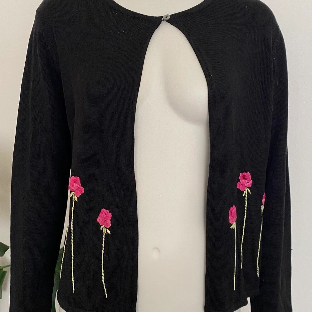 Vintage 1990s Petite Sophisticate Floral Embroidered Black Cardigan